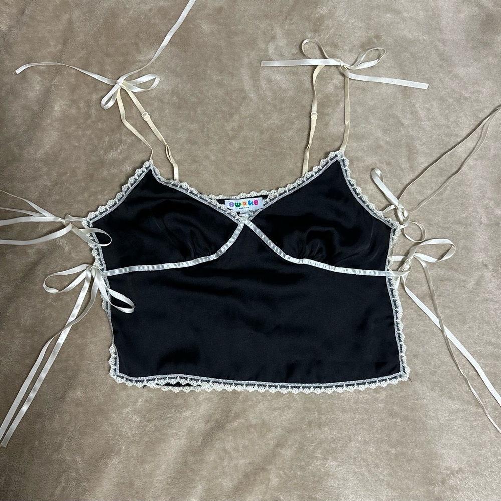 Awoke NYC Black lace cami top with white Lace-Trim Tie-Side Cami Top